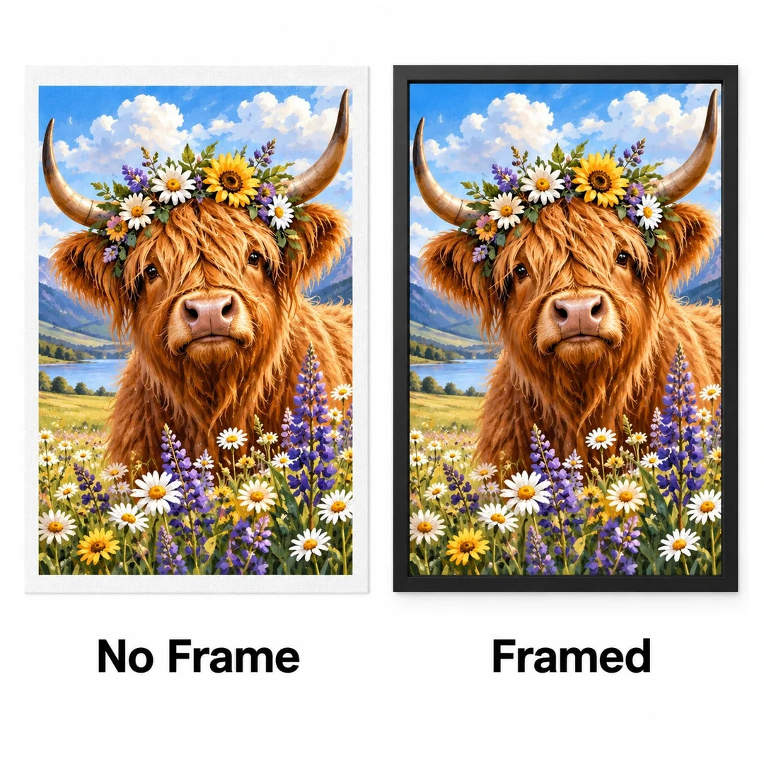 Highland Cow Wildflowers Diamond Painting Kit No Frame and Framed comparison