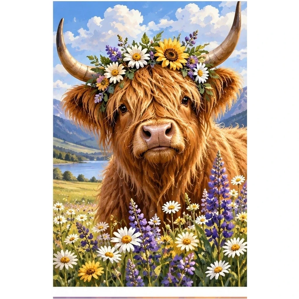 Highland Cow Wildflowers original artwork on white background