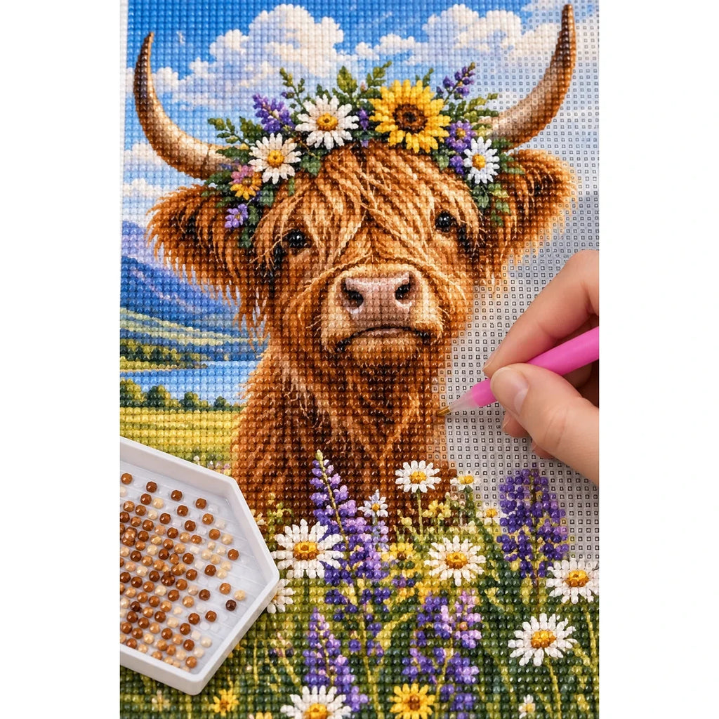 Highland Cow Wildflowers Diamond Painting Kit diamond placement process