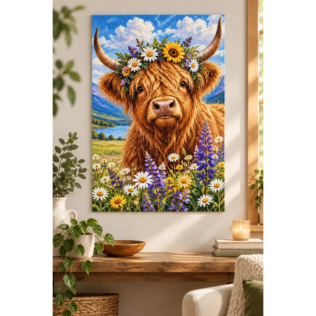 Highland Cow Wildflowers Diamond Painting Kit home decor scene