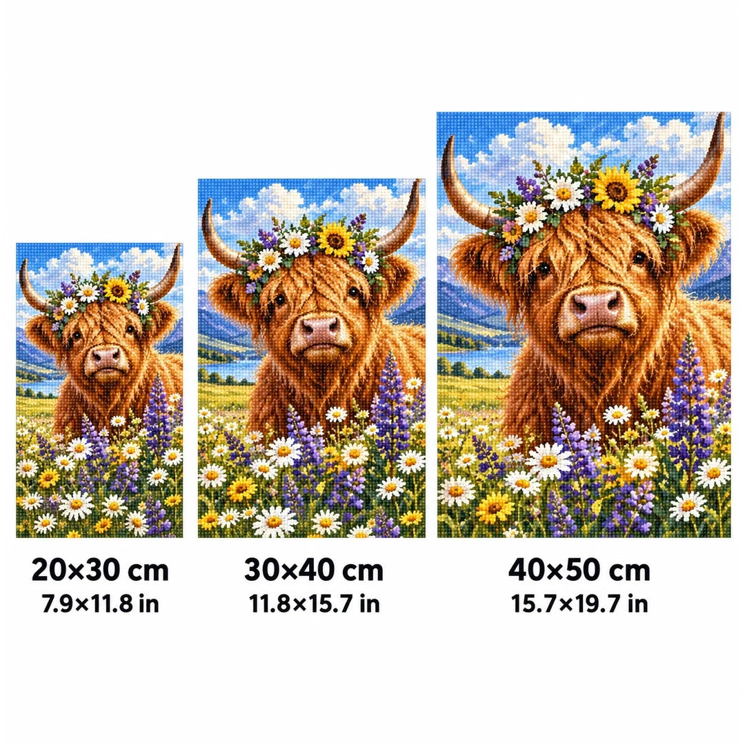 Highland Cow Wildflowers Diamond Painting Kit size guide