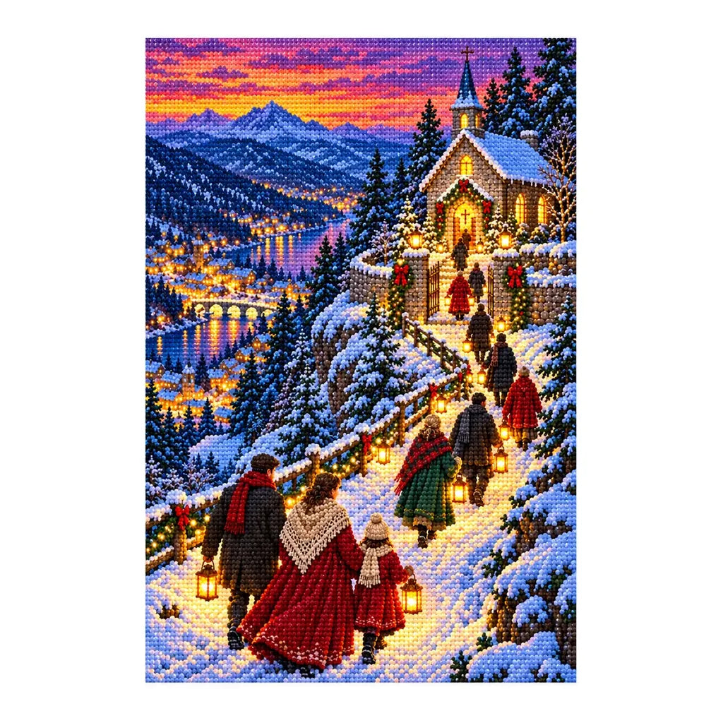 Finished diamond painting of a lantern-lit procession approaching a snowy hilltop chapel