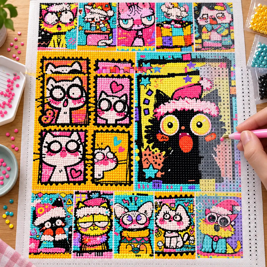 Diamond painting process for Holiday Cat Parade Diamond Painting Kit