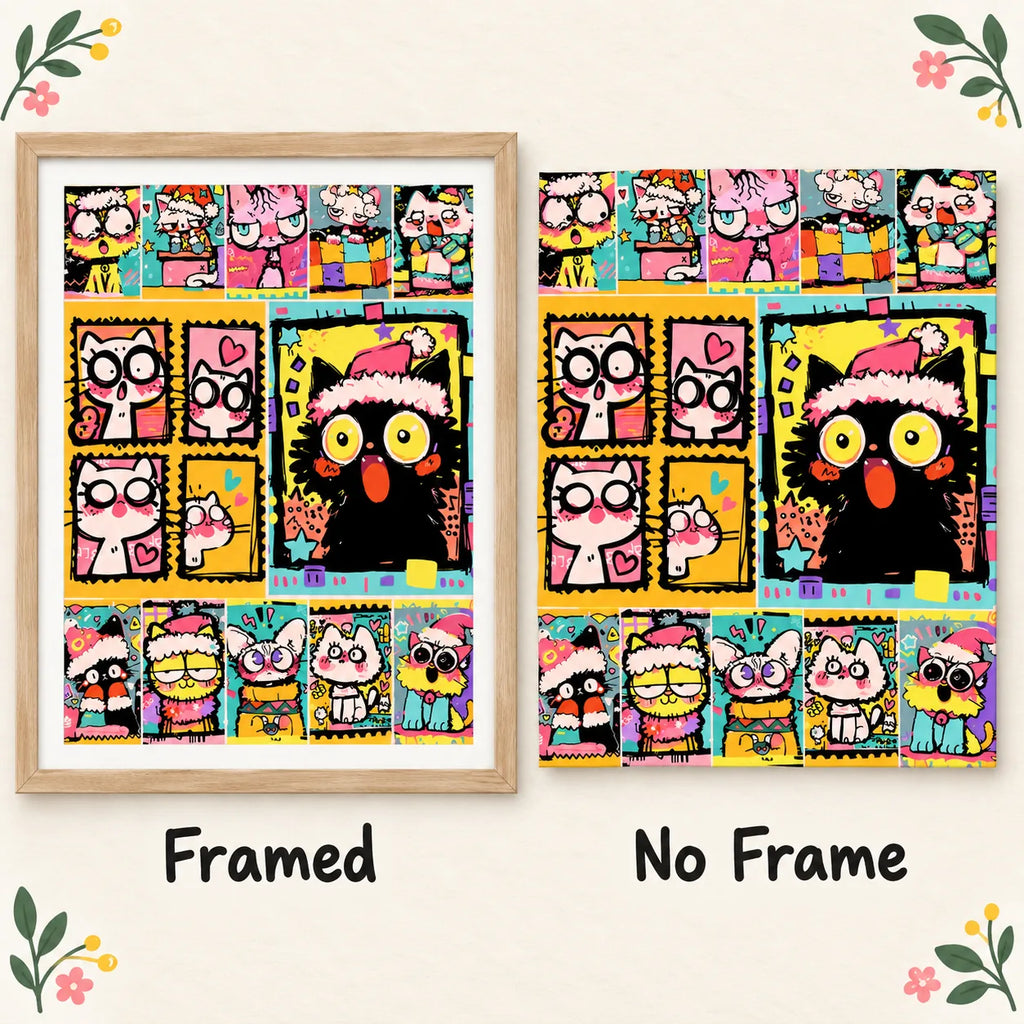 Framed and no-frame comparison for Holiday Cat Parade Diamond Painting Kit