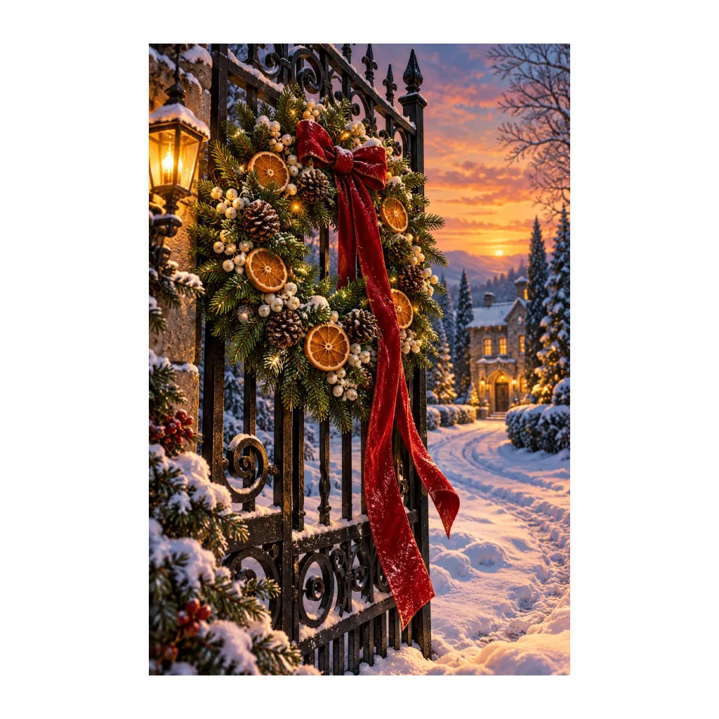 White-background original artwork of holiday wreath on an iron gate