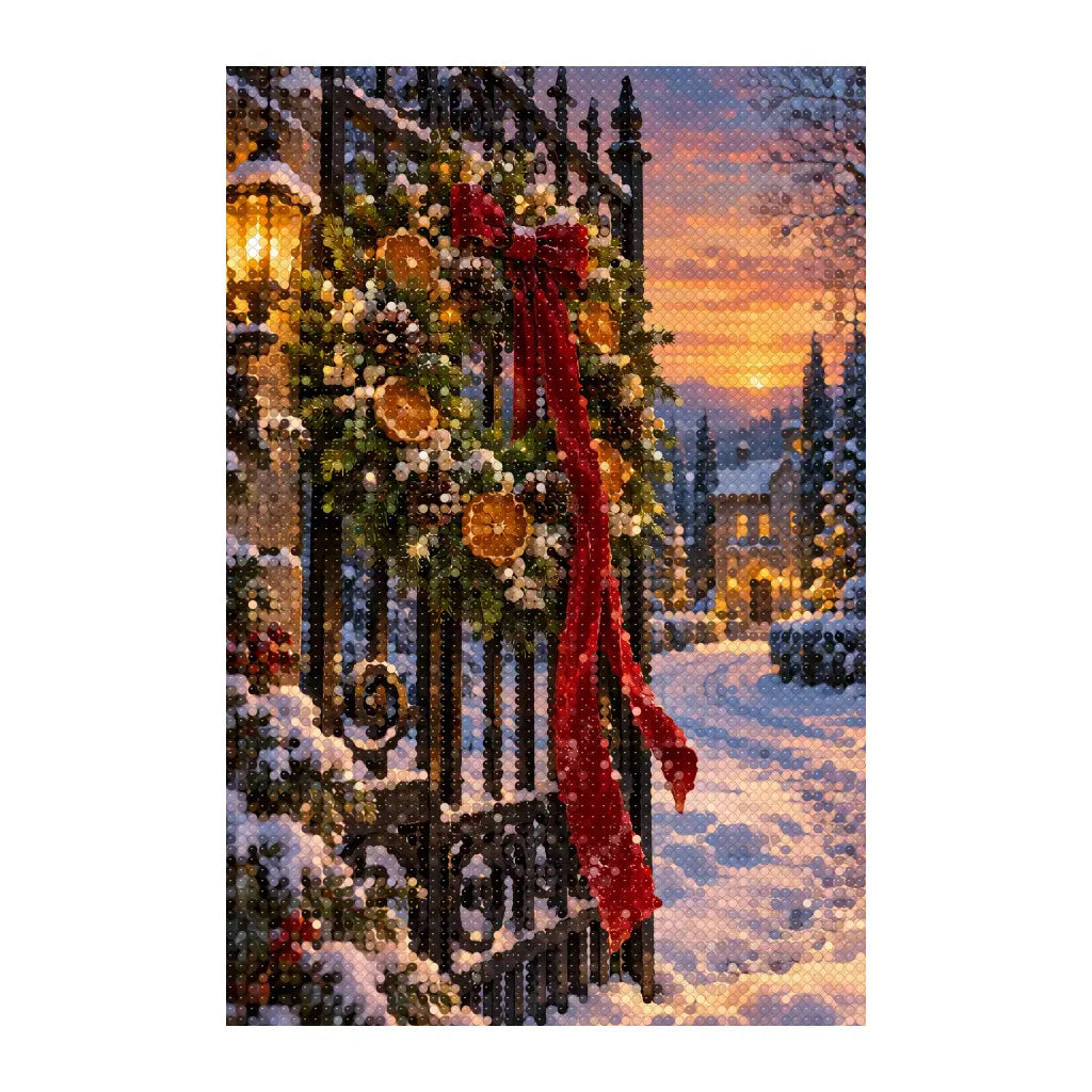 White-background finished diamond painting of holiday wreath on an iron gate