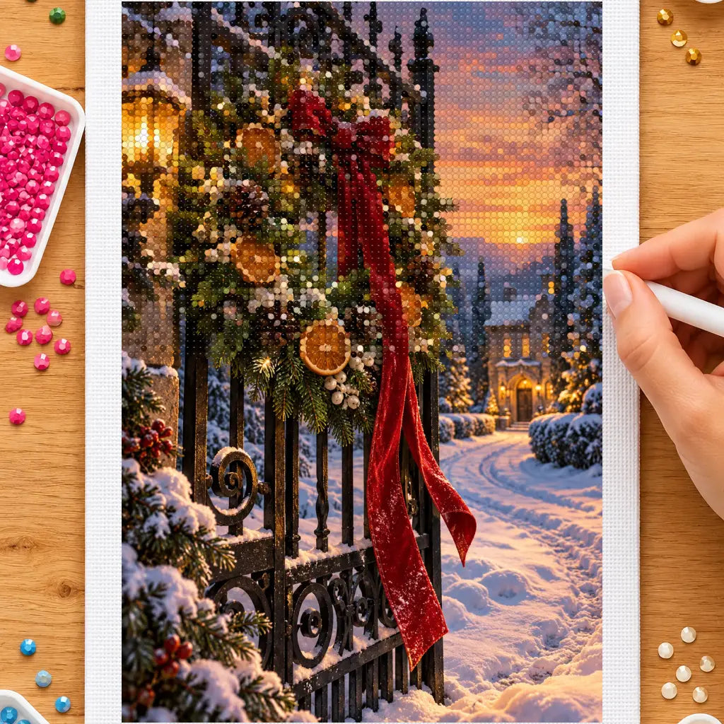 Hands placing drills on the holiday wreath on an iron gate diamond painting canvas