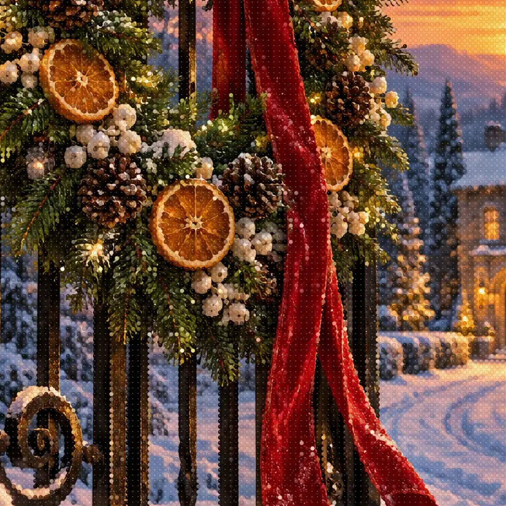 Close-up diamond detail of the holiday wreath on an iron gate diamond painting