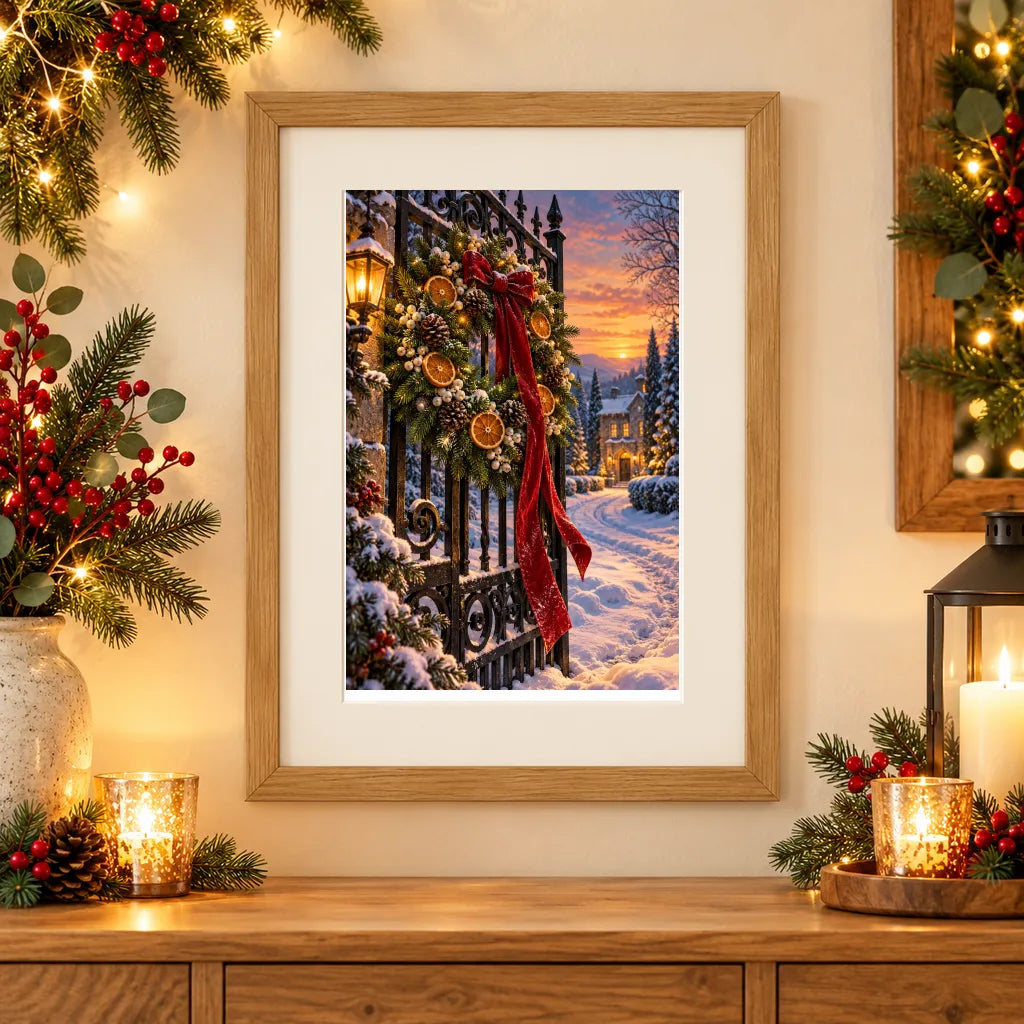 Framed home display of the holiday wreath on an iron gate diamond painting