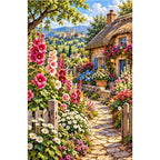 Hollyhock Path Thatched Cottage — original artwork on a clean white background