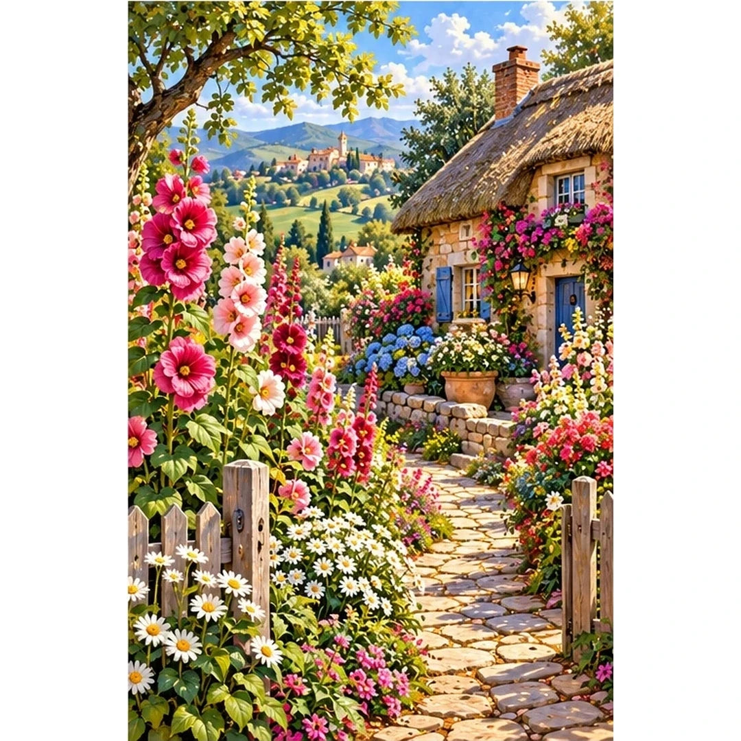 Hollyhock Path Thatched Cottage — original artwork on a clean white background