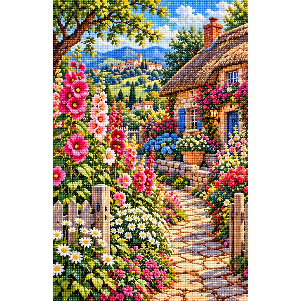 Hollyhock Path Thatched Cottage — finished diamond painting on a white background