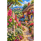 Hollyhock Path Thatched Cottage — finished diamond painting on a white background