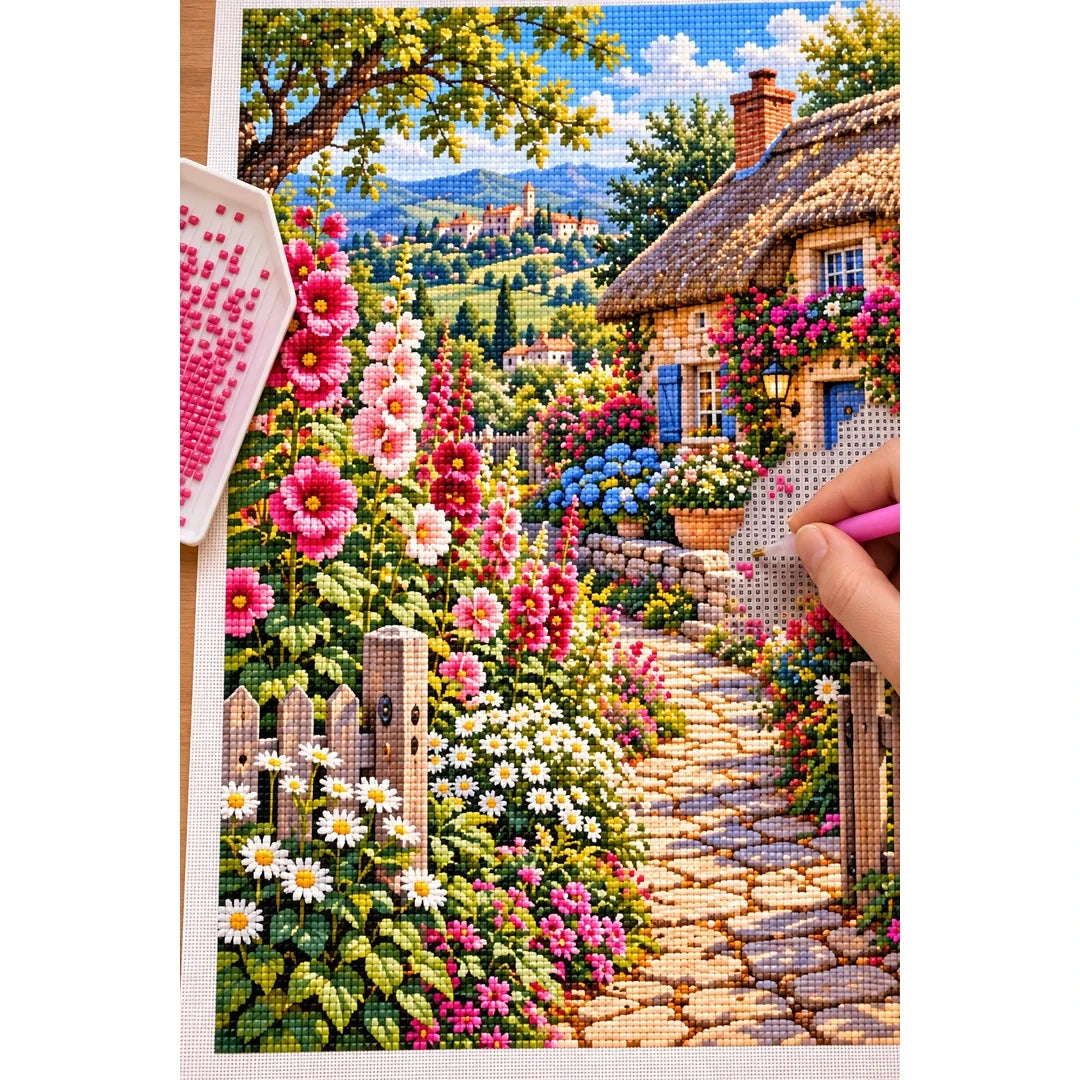Hollyhock Path Thatched Cottage — diamond painting process with applicator pen