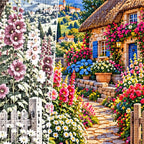 Hollyhock Path Thatched Cottage — close-up canvas and resin drill detail