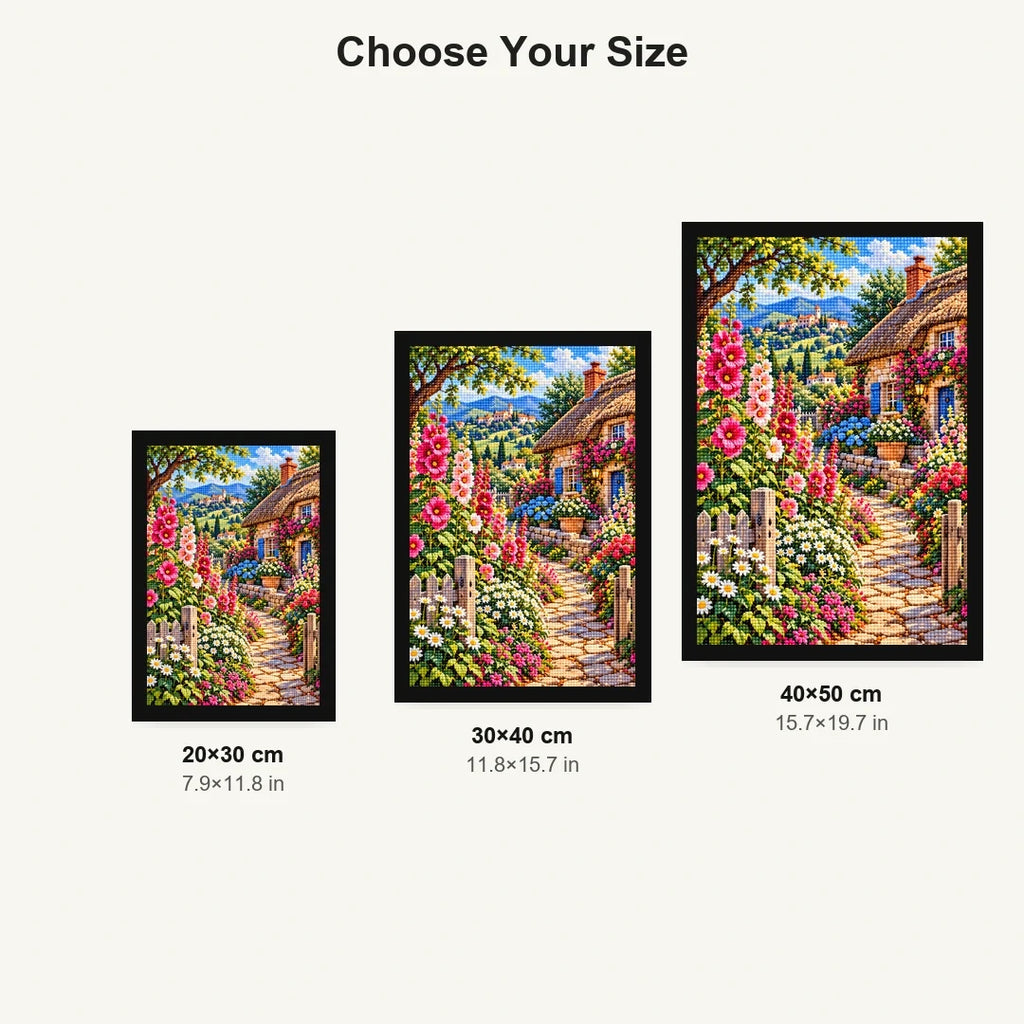 Hollyhock Path Thatched Cottage — size comparison for 20 × 30, 30 × 40 and 40 × 50 cm