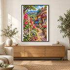 Hollyhock Path Thatched Cottage — finished diamond painting displayed in a home interior