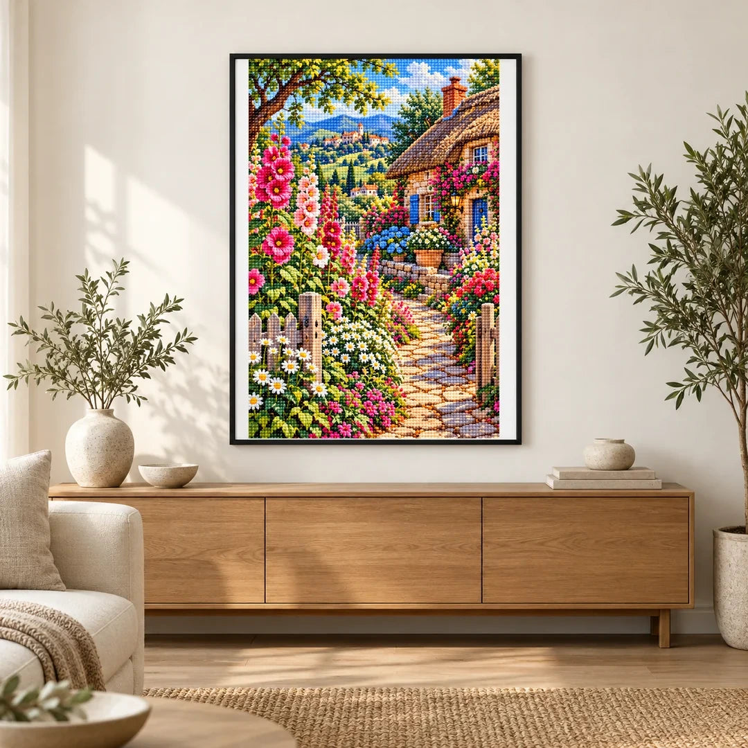 Hollyhock Path Thatched Cottage — finished diamond painting displayed in a home interior