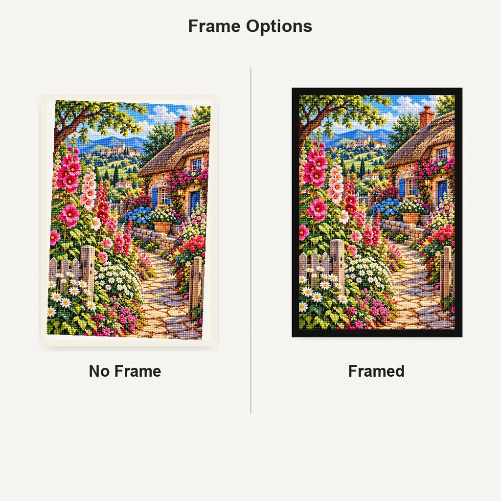 Hollyhock Path Thatched Cottage — No Frame and Framed style comparison