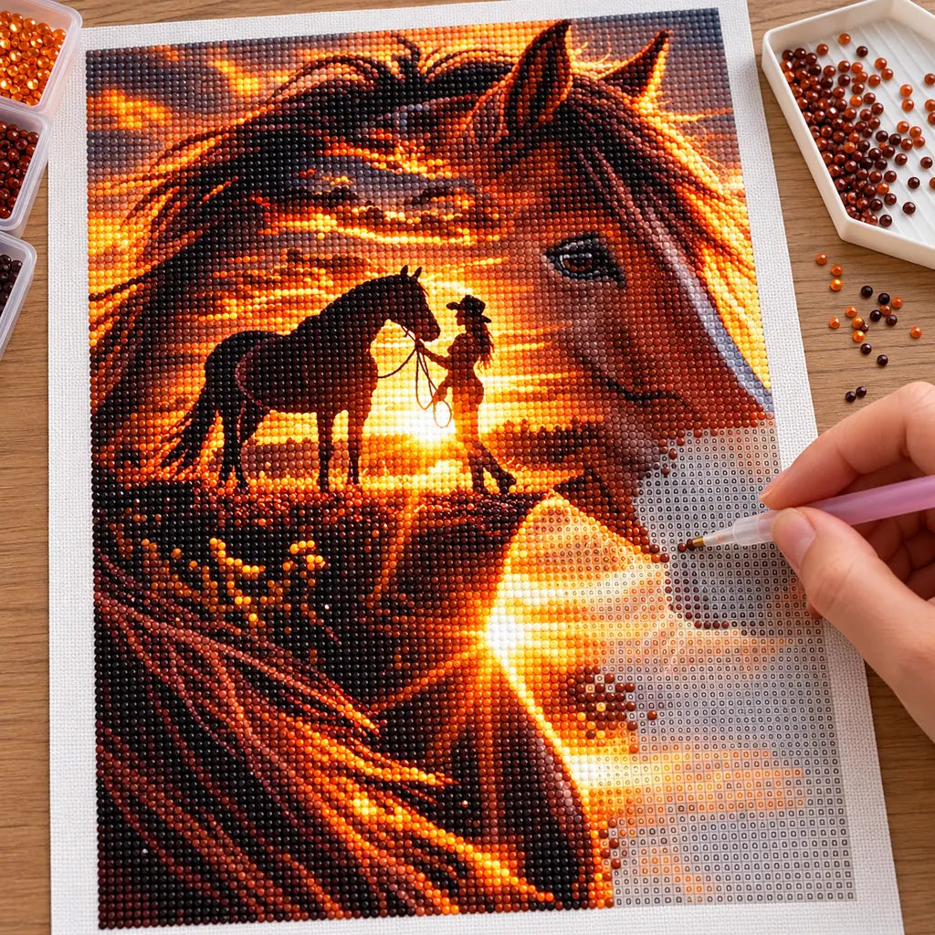Diamond painting process for Horse and Rider at Sunset Diamond Painting Kit