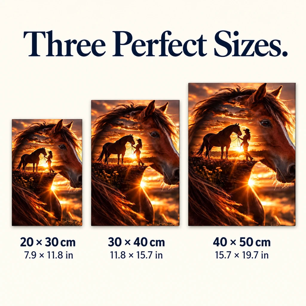 Size guide: 20 × 30 cm, 30 × 40 cm, and 40 × 50 cm for Horse and Rider at Sunset Diamond Painting Kit
