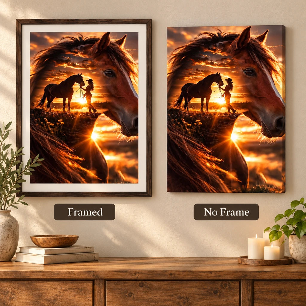 Framed and no-frame comparison for Horse and Rider at Sunset Diamond Painting Kit