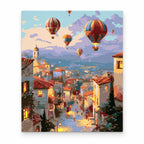 Hot Air Balloons over a Tuscan Village paint by numbers artwork on a front-facing canvas against a white background