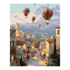 Hot Air Balloons over a Tuscan Village completed artwork on a clean white background