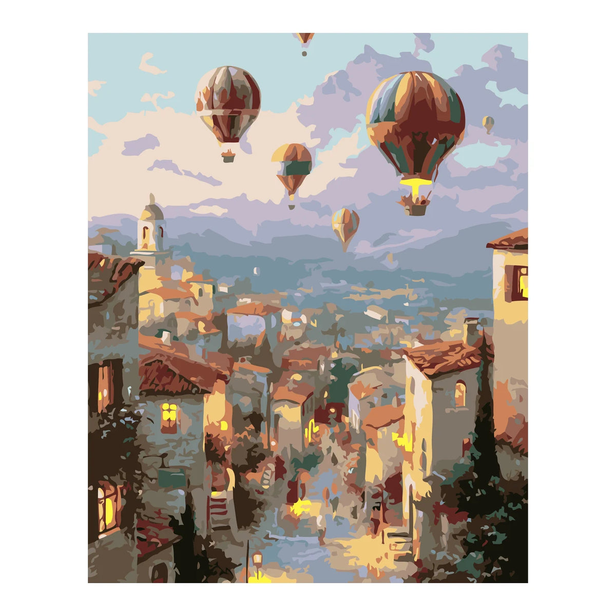 Hot Air Balloons over a Tuscan Village completed artwork on a clean white background