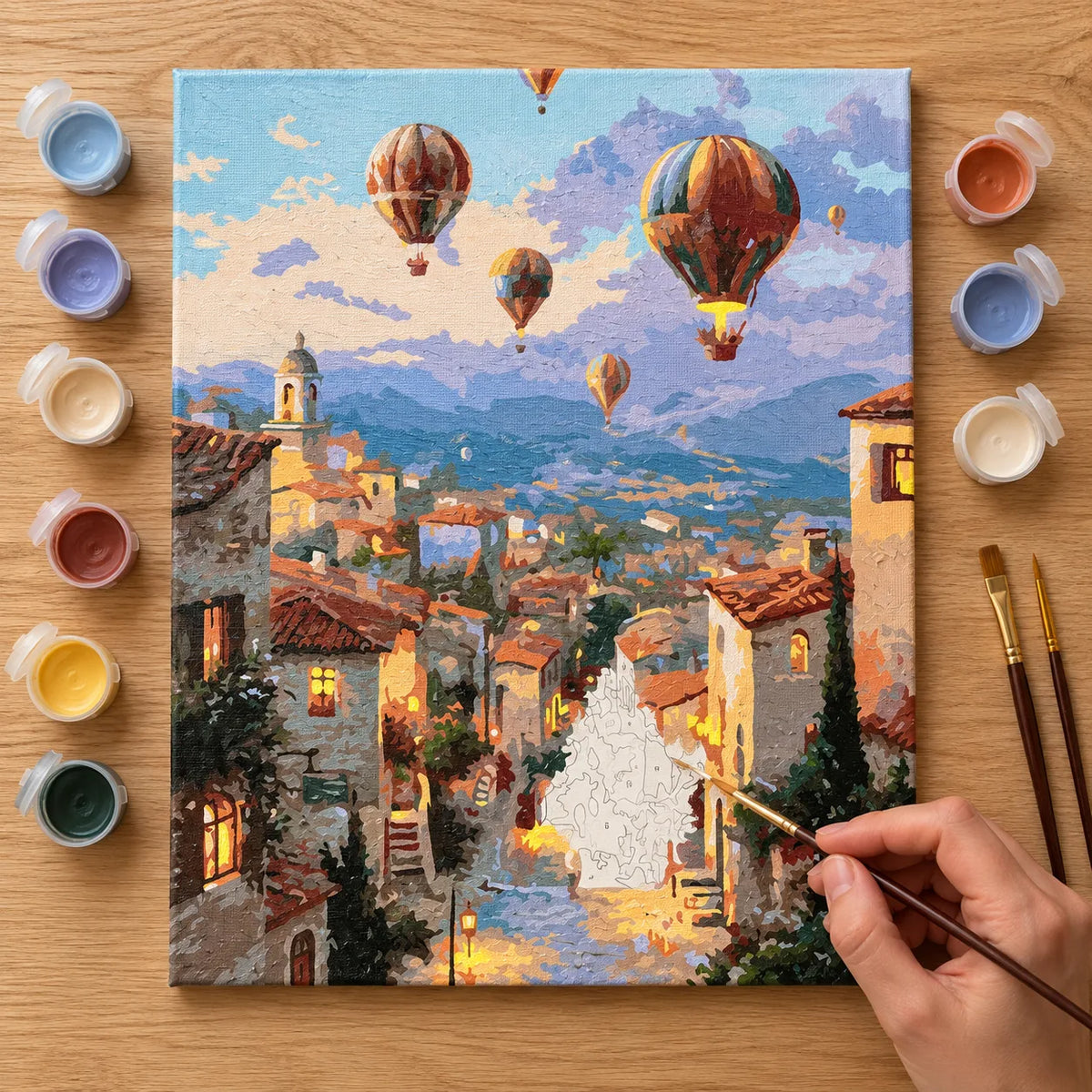 Complete Hot Air Balloons over a Tuscan Village numbered canvas being painted with acrylic paints and brushes