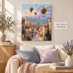 Hot Air Balloons over a Tuscan Village shown in a styled room with 15.7 × 19.7 in and 40 × 50 cm dimensions