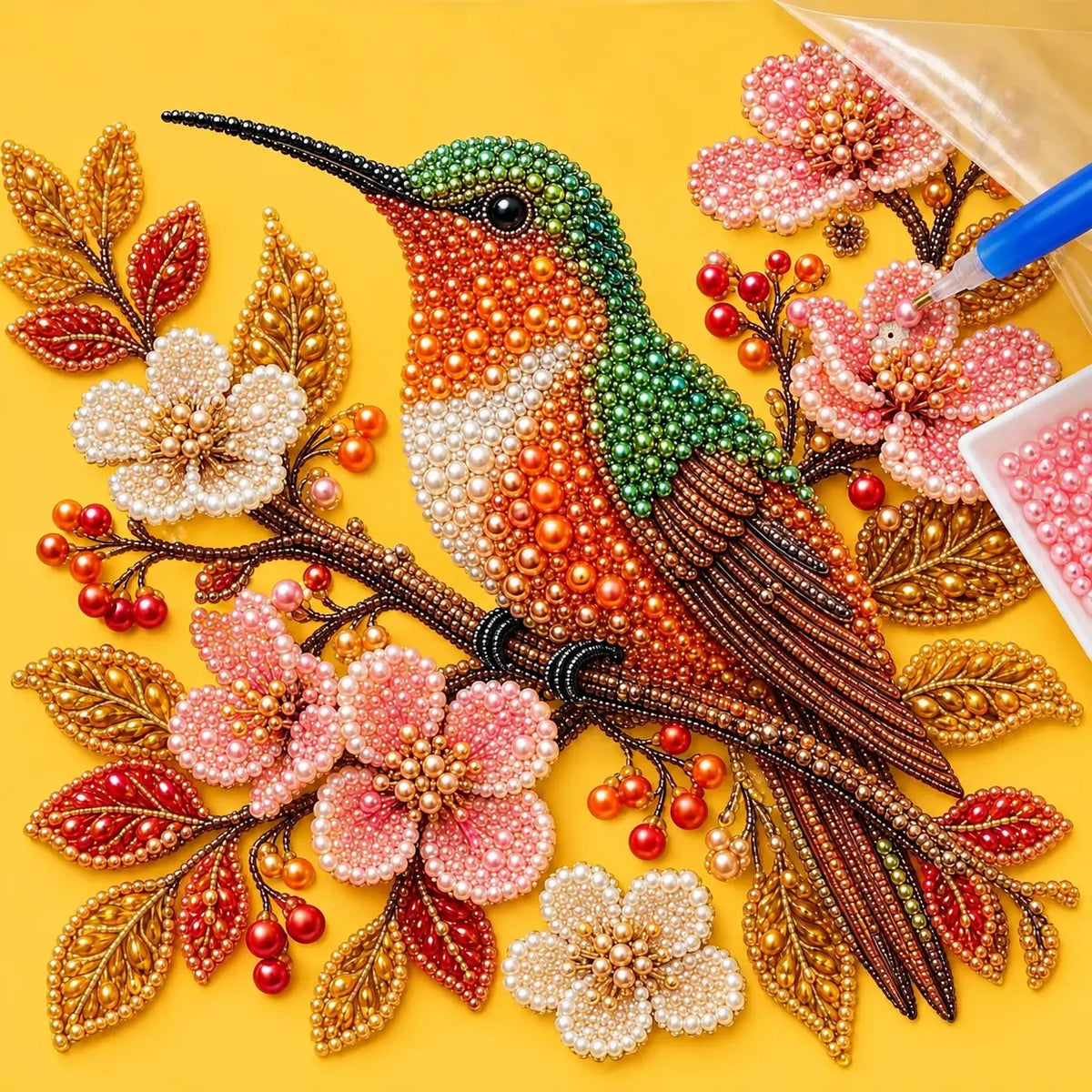 Hummingbird among cherry blossoms pearl painting kit — process image