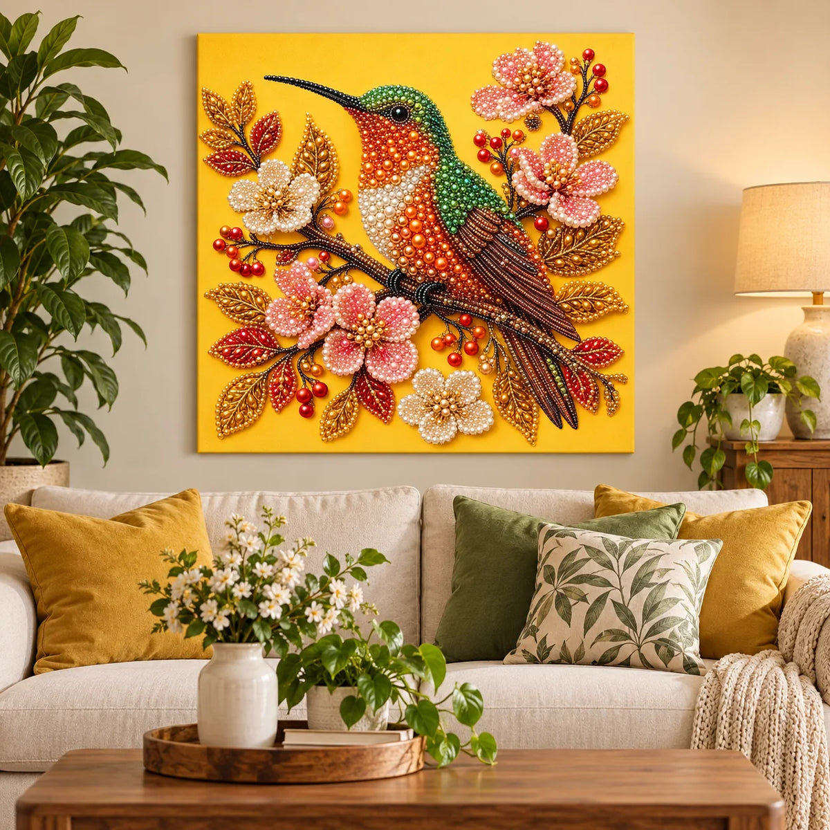 Hummingbird among cherry blossoms pearl painting kit — room image