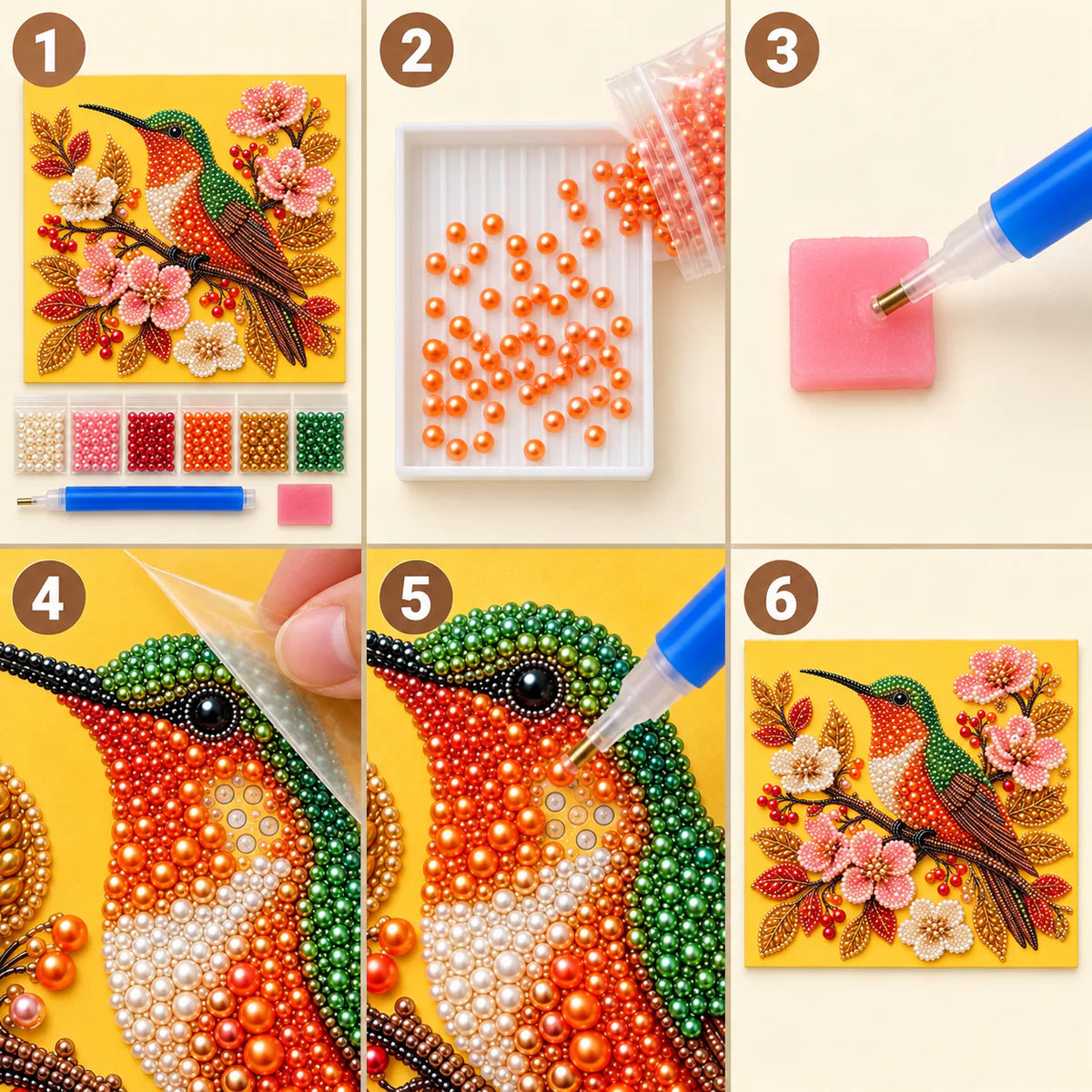 Hummingbird among cherry blossoms pearl painting kit — tutorial image