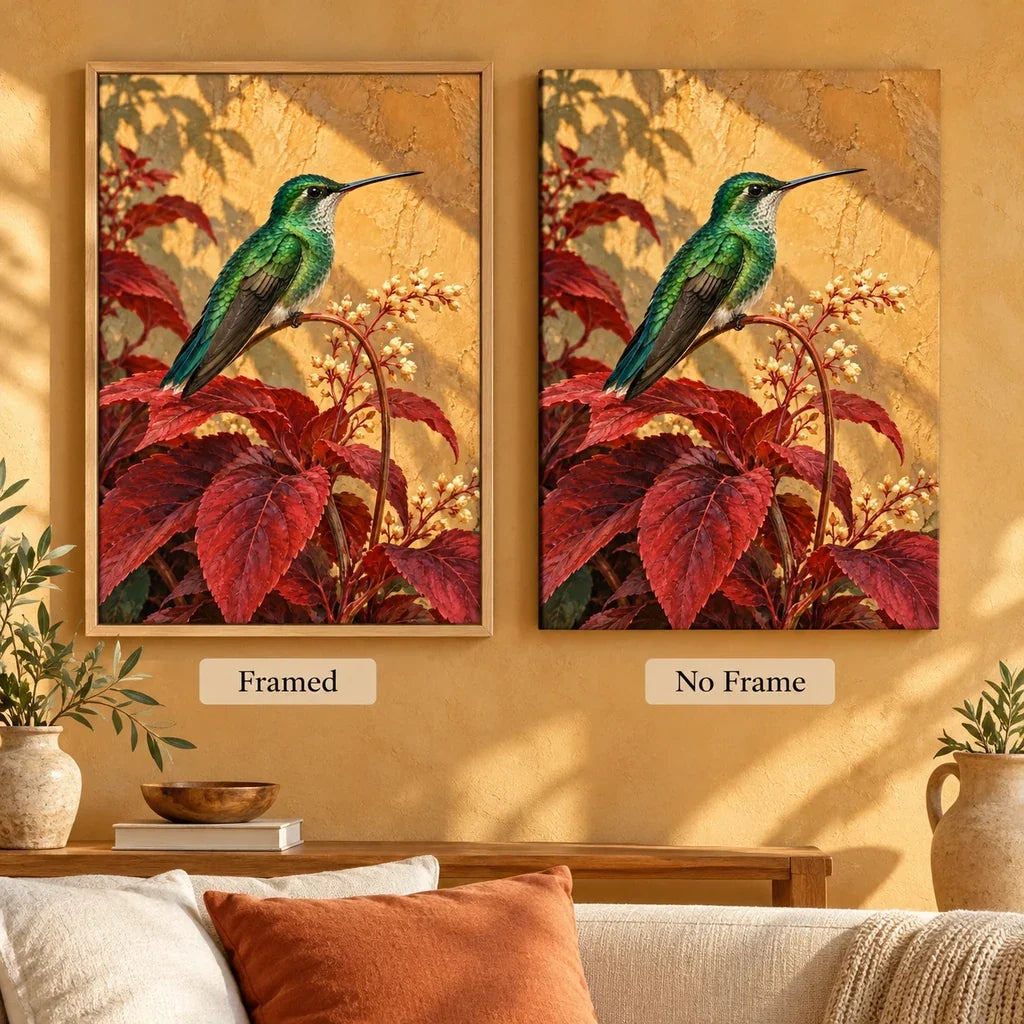 Green Hummingbird Among Ochre Branches Diamond Painting Kit — Framed and no-frame comparison