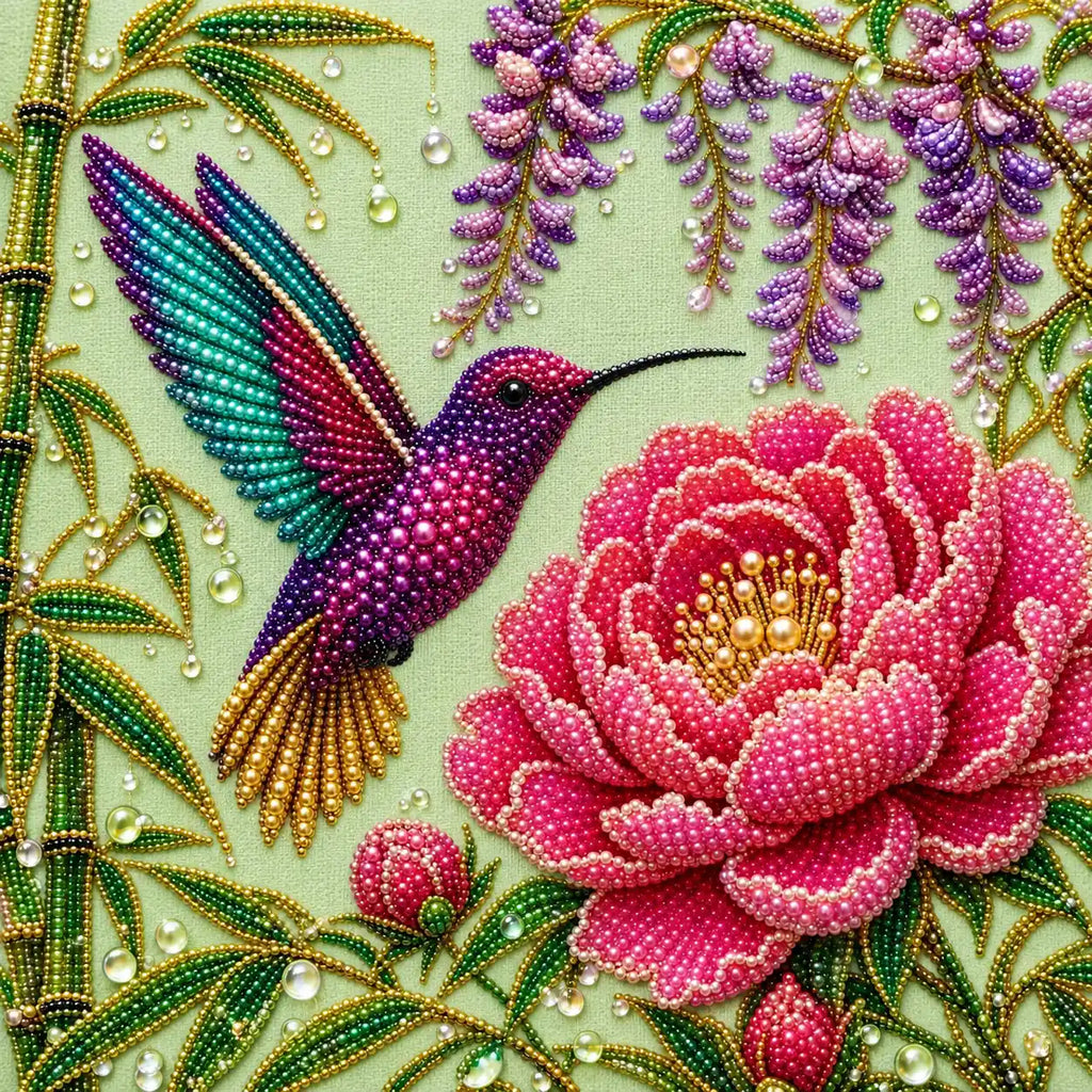 Hummingbird Peony Wisteria Pearl Diamond Painting Kit – detail image