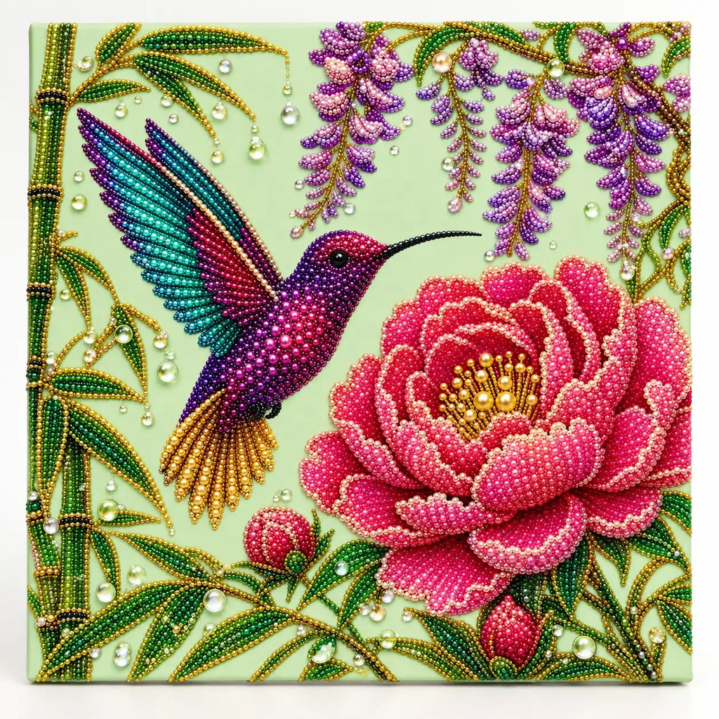 Hummingbird Peony Wisteria Pearl Diamond Painting Kit – hero image