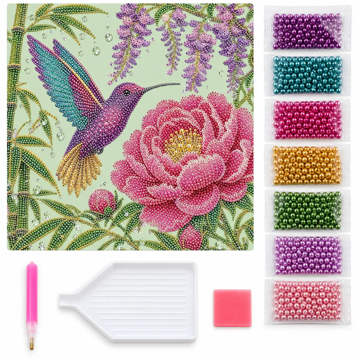 Hummingbird Peony Wisteria Pearl Diamond Painting Kit – kit image