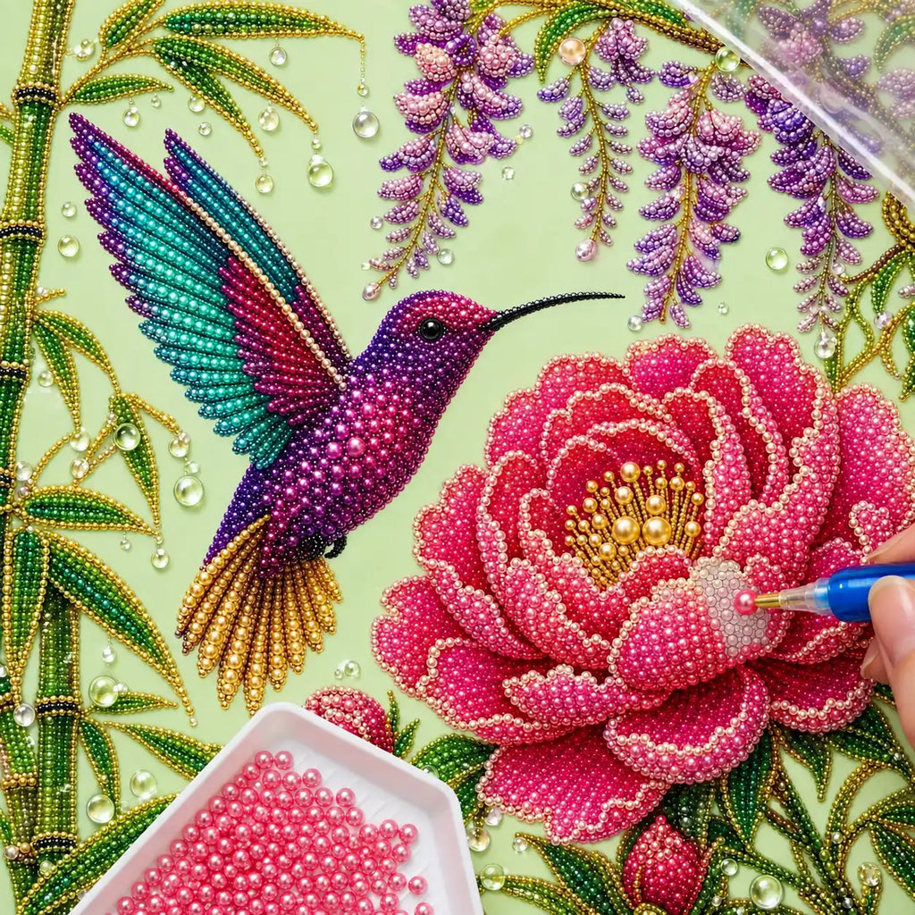 Hummingbird Peony Wisteria Pearl Diamond Painting Kit – process image