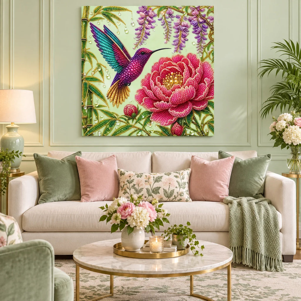 Hummingbird Peony Wisteria Pearl Diamond Painting Kit – room image