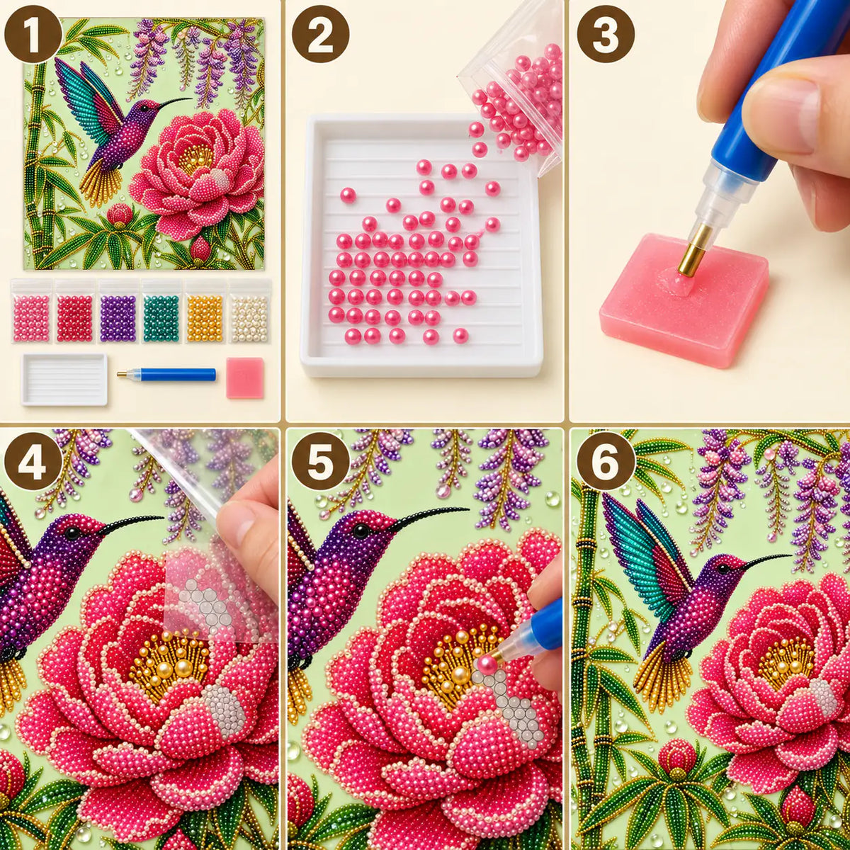 Hummingbird Peony Wisteria Pearl Diamond Painting Kit – tutorial image