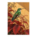 Original illustration of a green hummingbird perched among scarlet leaves on an ochre background, on a white background