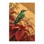 Original illustration of a green hummingbird perched among scarlet leaves on an ochre background, on a white background