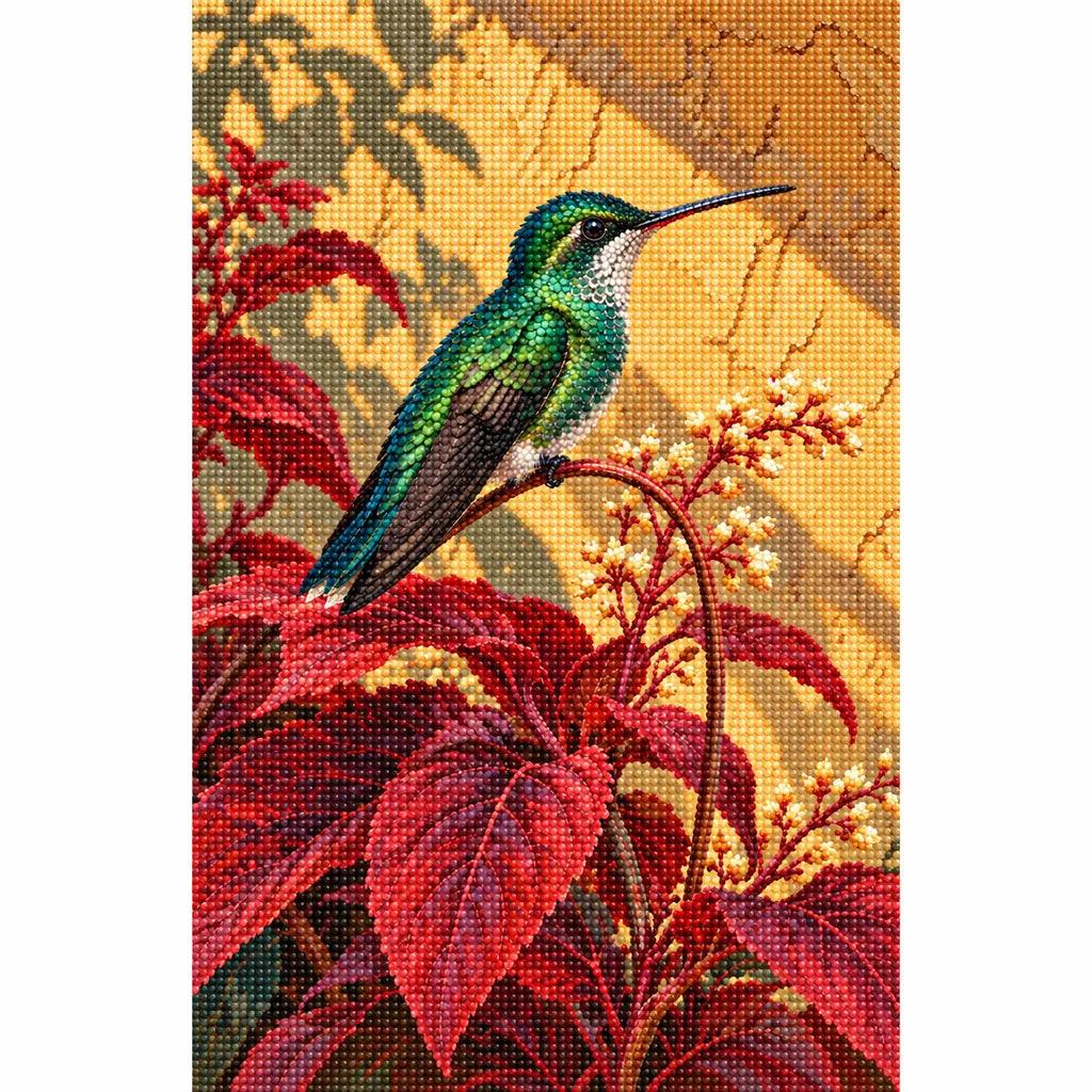 Finished diamond painting of a green hummingbird among scarlet leaves