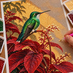 Hand placing diamond drills on the hummingbird and scarlet leaves canvas