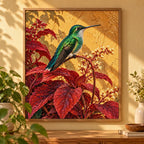 Framed hummingbird and scarlet leaves diamond painting displayed in a warm interior