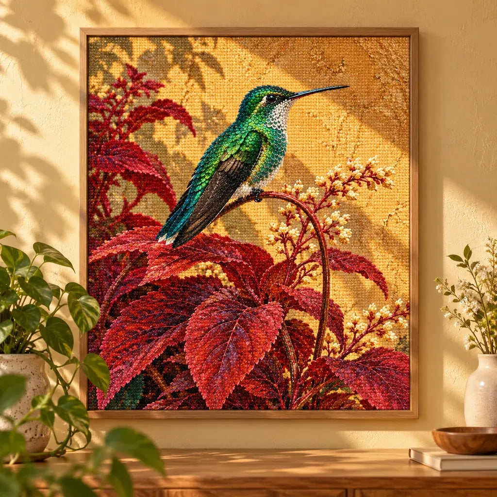 Framed hummingbird and scarlet leaves diamond painting displayed in a warm interior
