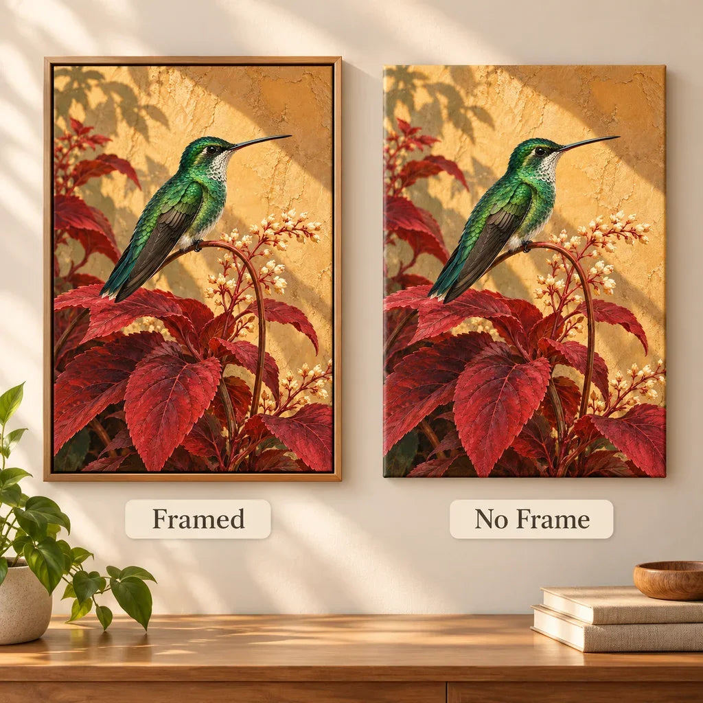 Framed and no-frame comparison for the hummingbird among scarlet leaves design