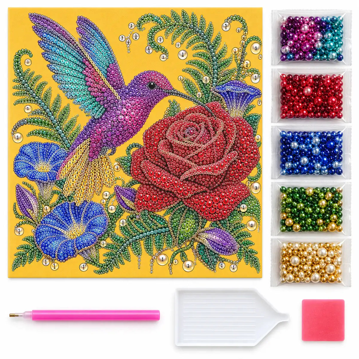 Hummingbird Red Rose Pearl Diamond Painting Kit – kit image