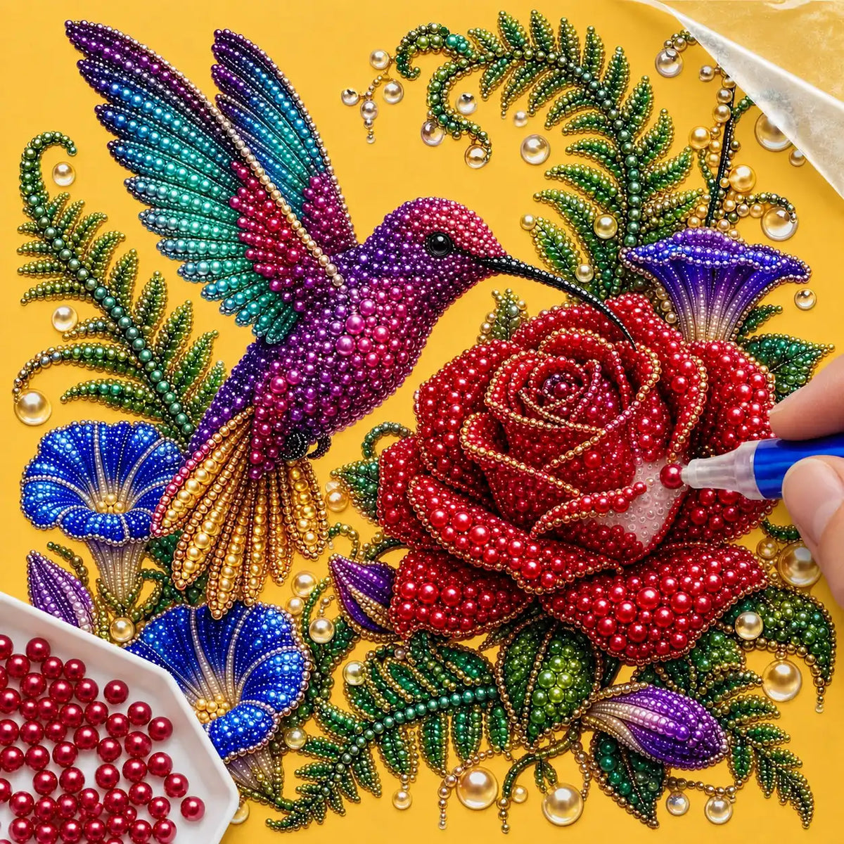 Hummingbird Red Rose Pearl Diamond Painting Kit – process image